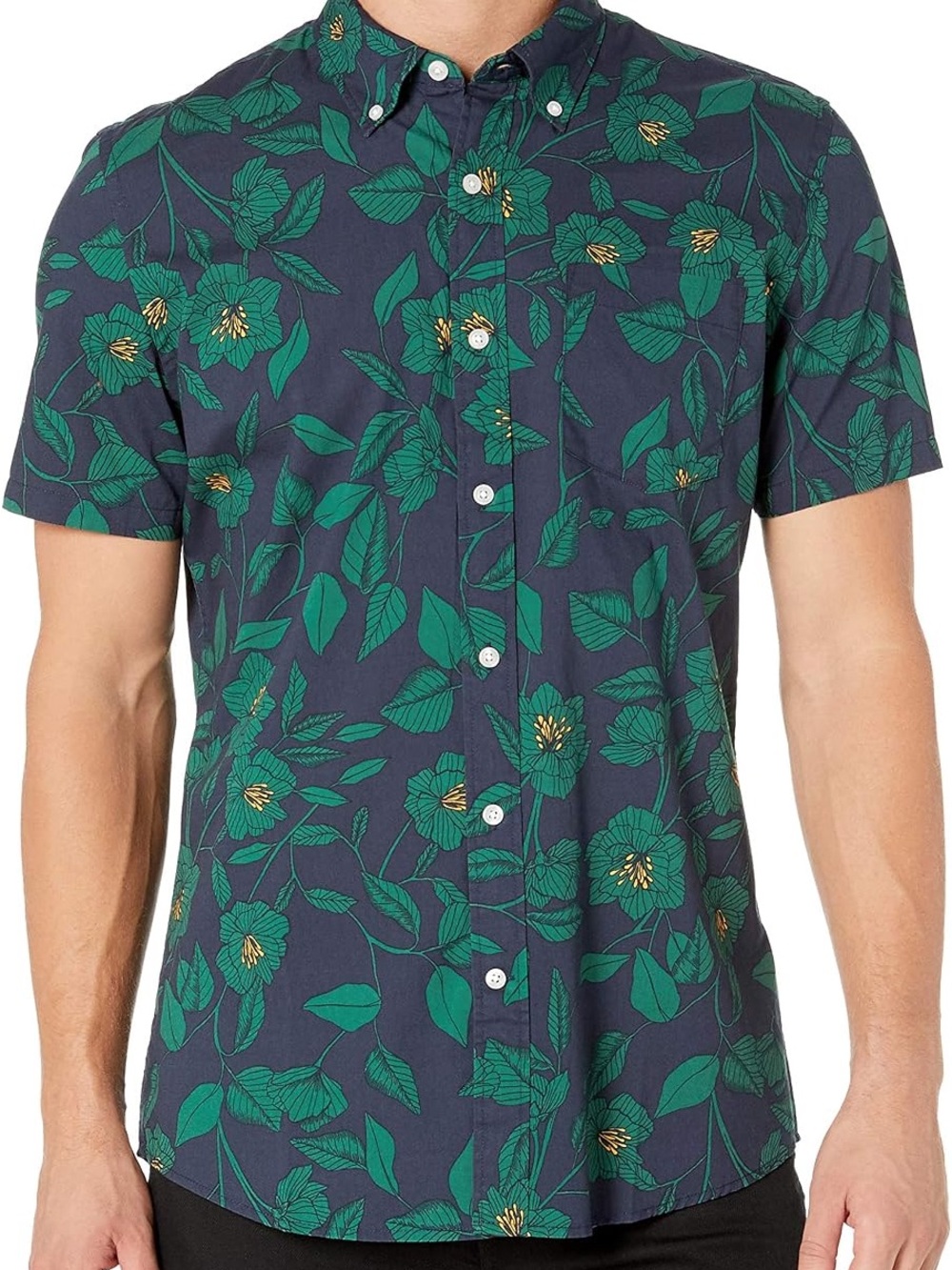 Men's Goodthreads green floral button-up shirt with yellow centers, size XL